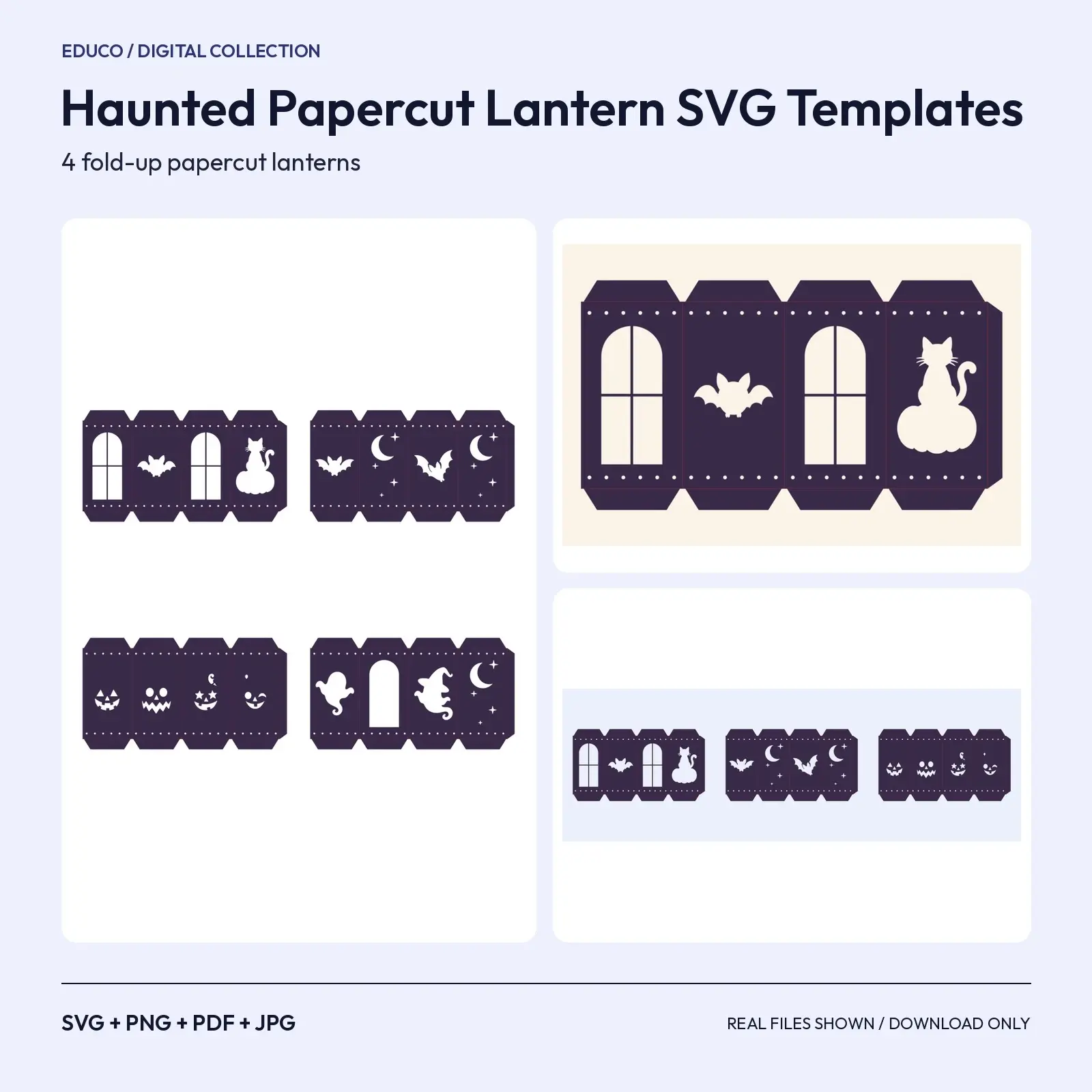 Haunted Papercut Lantern SVG Templates – 4 Fold-Up Halloween Luminary Cut Files preview