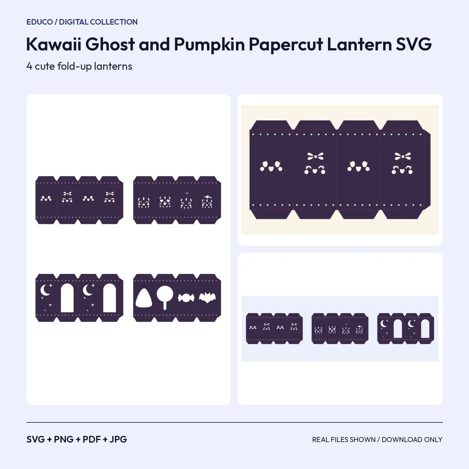 Kawaii Ghost and Pumpkin Papercut Lantern SVG – 4 Cute Halloween Luminary Templates preview