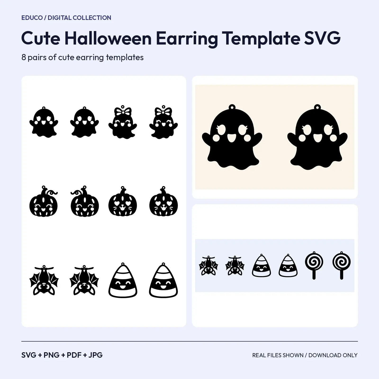 Cute Halloween Earring Template SVG – 8 Kawaii Ghost, Pumpkin and Bat Earring Cut Files preview