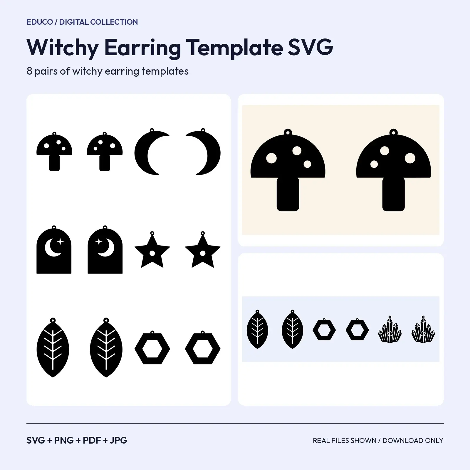 Witchy Earring Template SVG – 8 Moon, Mushroom and Crystal Dangle Earring Cut Files preview
