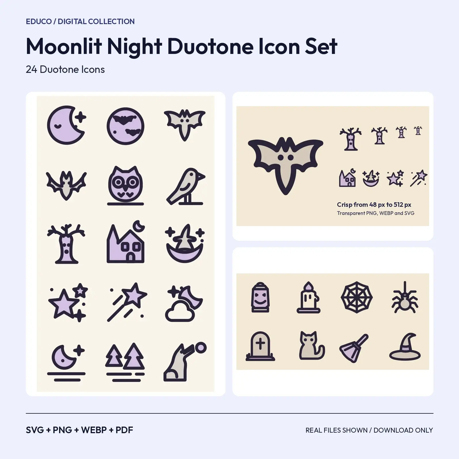 Moonlit Night Duotone Icon Set – 24 Halloween and Night Sky Icons preview