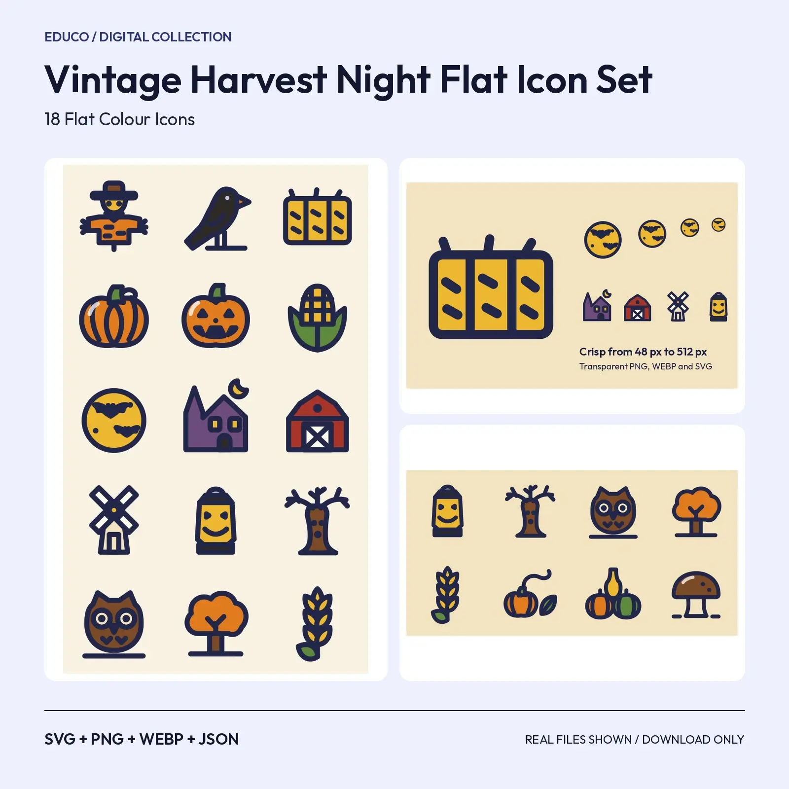 Vintage Harvest Night Flat Icon Set – 18 Scarecrow, Crow and Moon Icons preview
