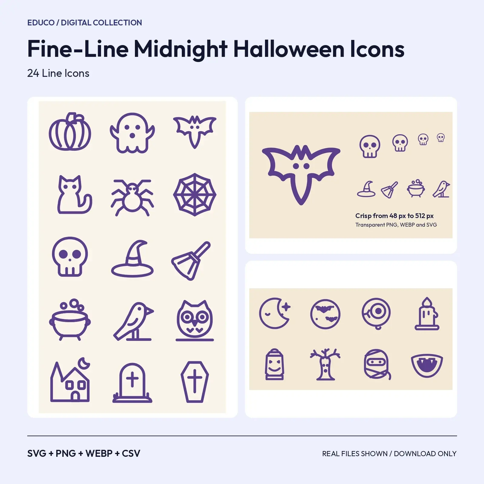 Fine-Line Midnight Halloween Icons – 24 Thin Outline SVG Icons preview