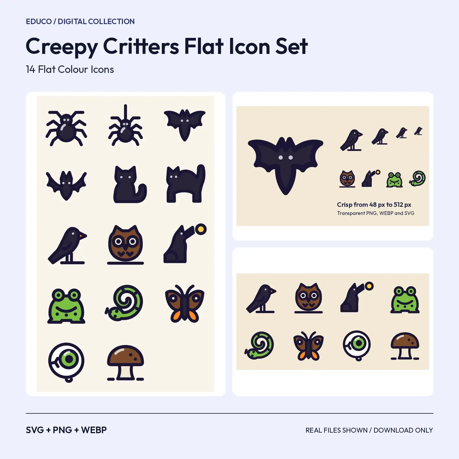 Creepy Critters Flat Icon Set – 14 Spider, Bat, Crow, Owl and Toad Icons preview