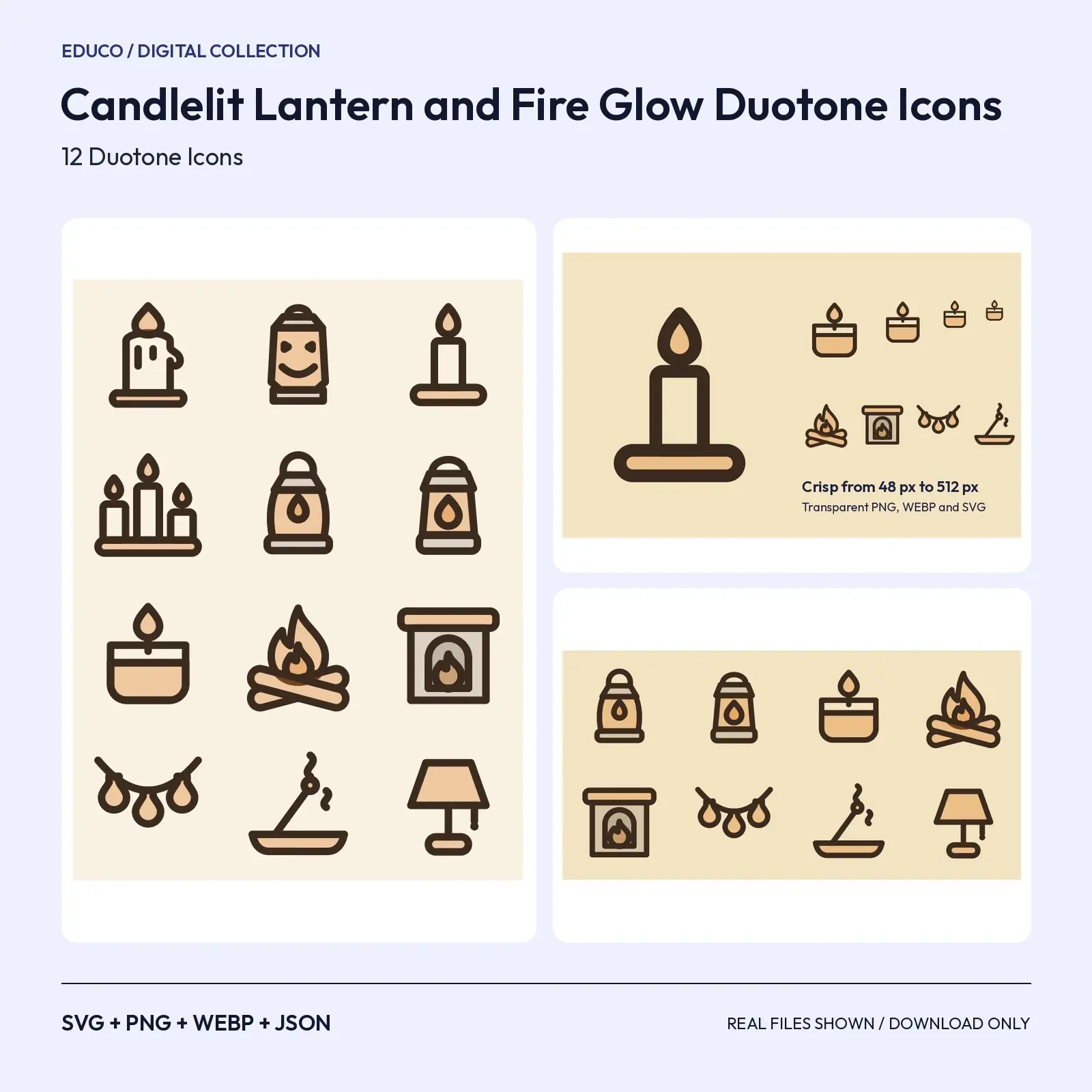 Candlelit Lantern and Fire Glow Duotone Icons – 12 Warm Light SVG Icons preview