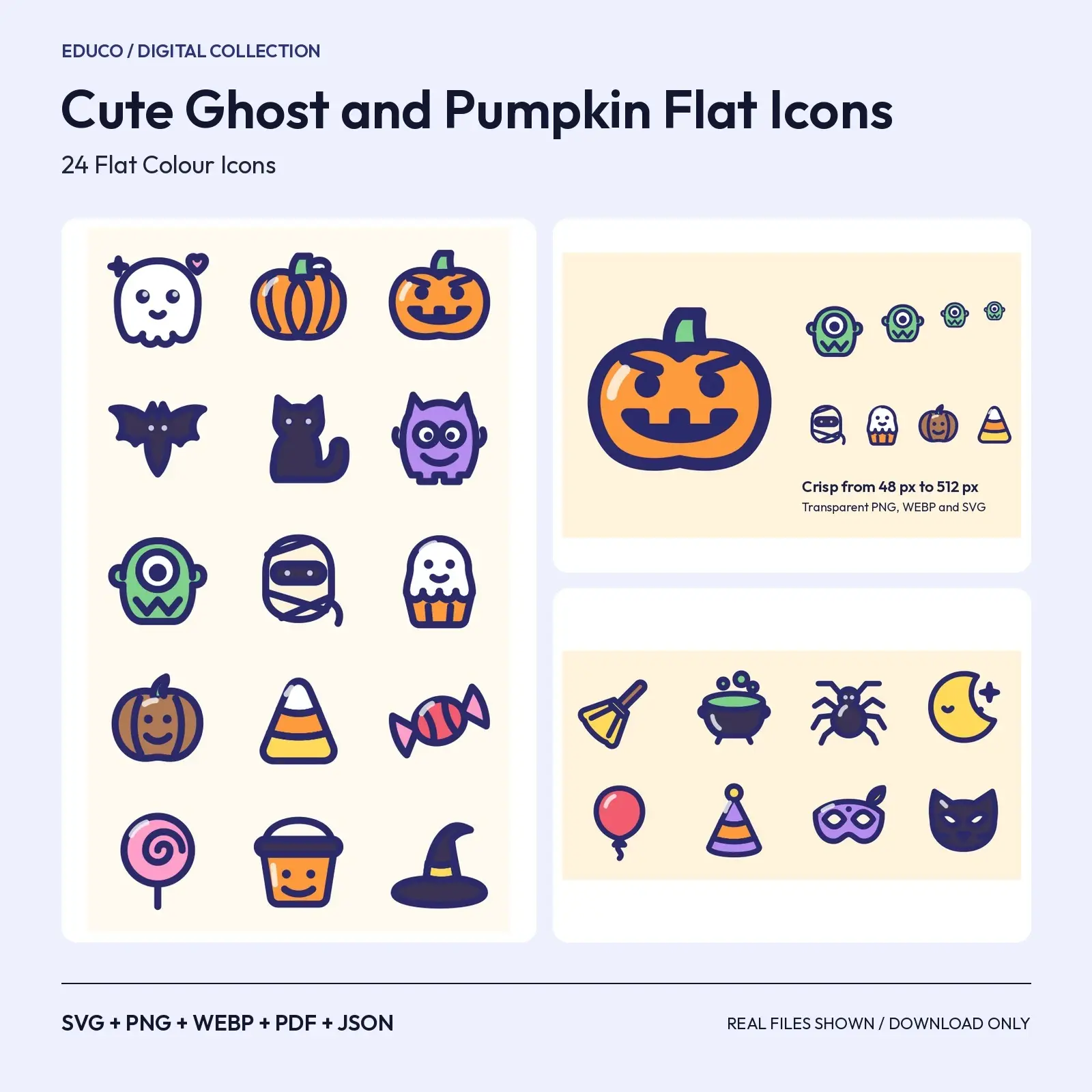 Cute Ghost and Pumpkin Flat Icons – 24 Kawaii-Style SVG and PNG Icons preview