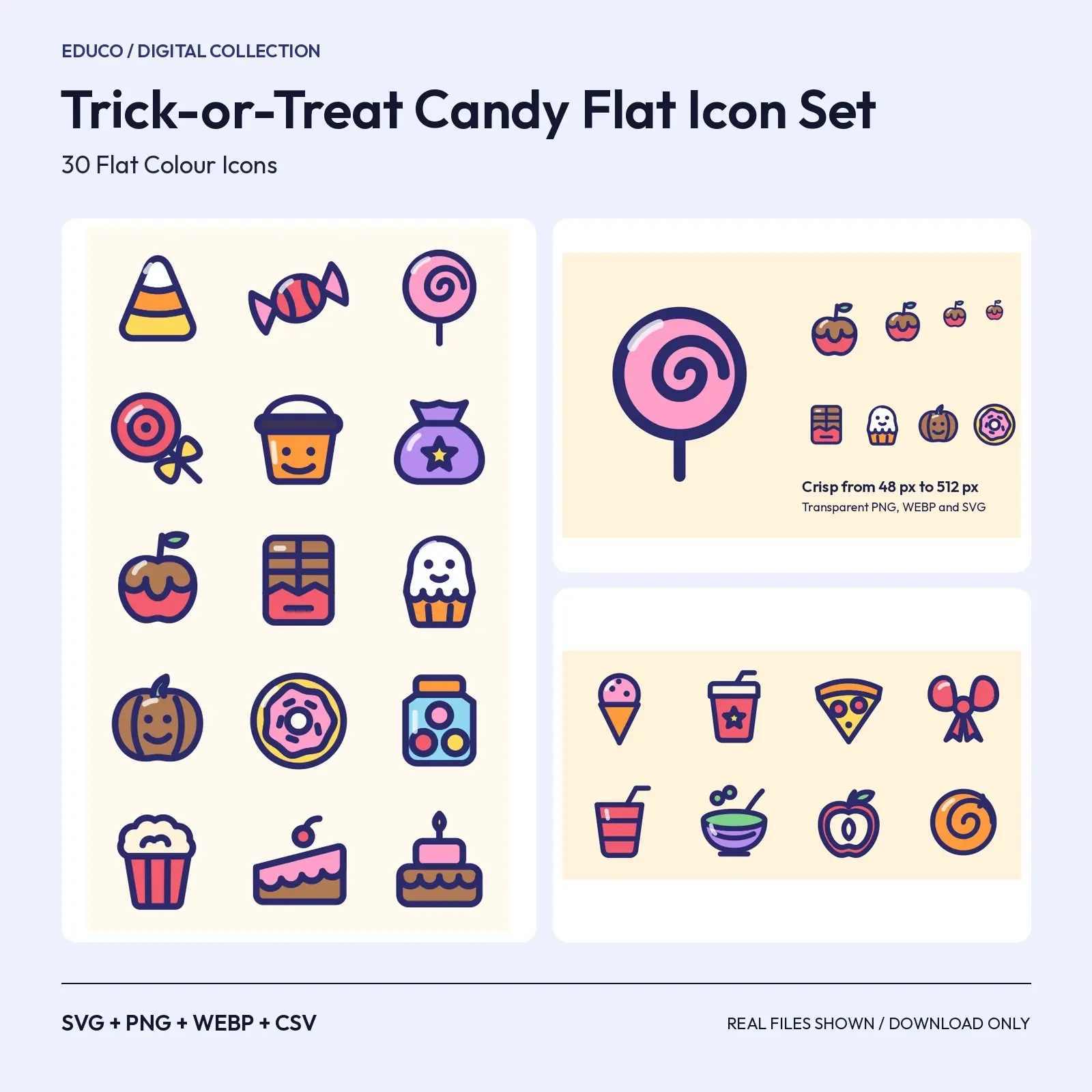 Trick-or-Treat Candy Flat Icon Set – 30 Sweet Treat SVG Icons for Halloween, preview 1 of 3