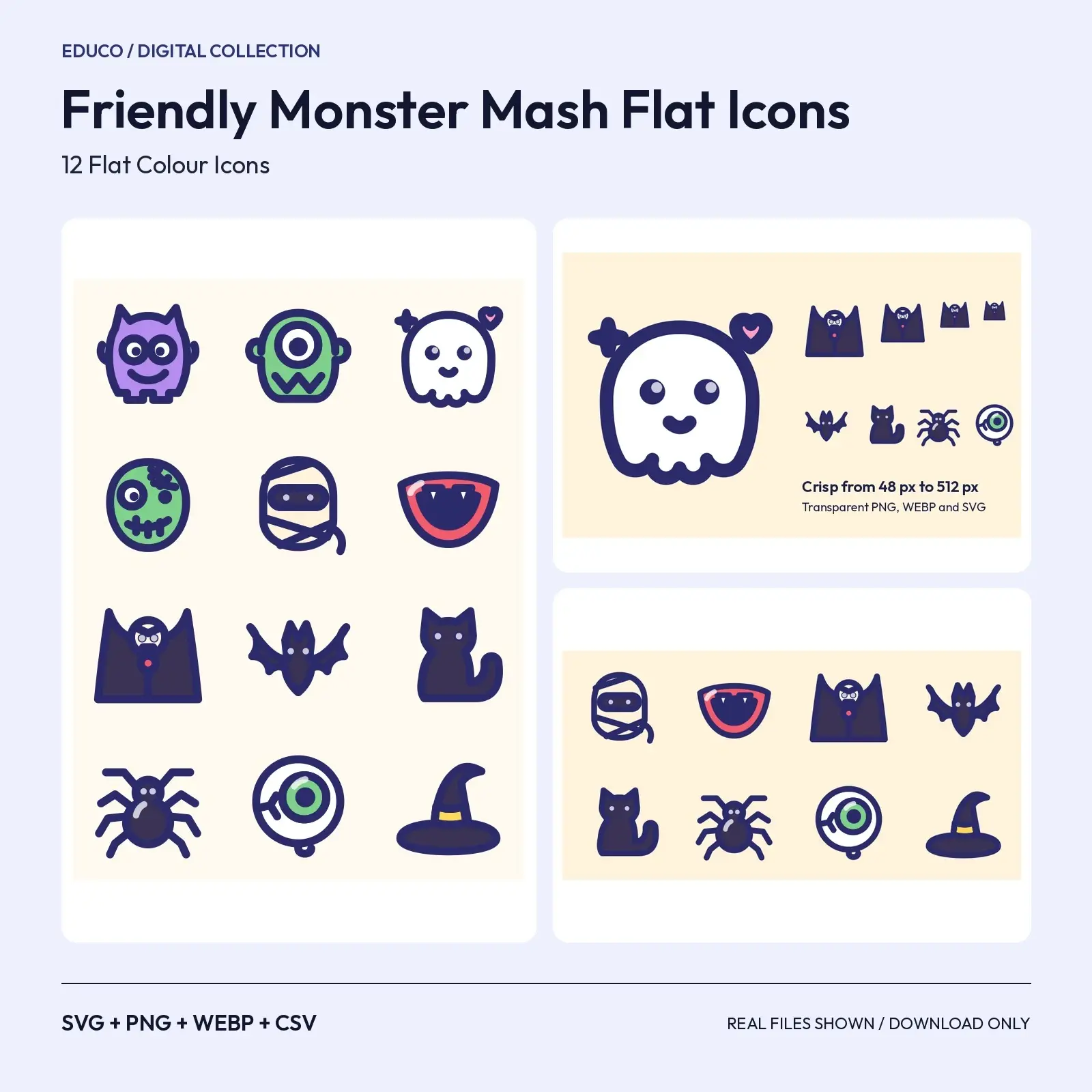 Friendly Monster Mash Flat Icons – 12 Cute Creature SVG and PNG Icons preview