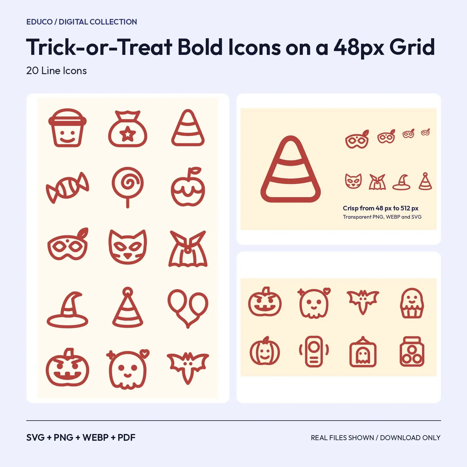 Trick-or-Treat Bold Icons on a 48px Grid – 20 Costume and Candy SVG Icons, preview 1 of 3