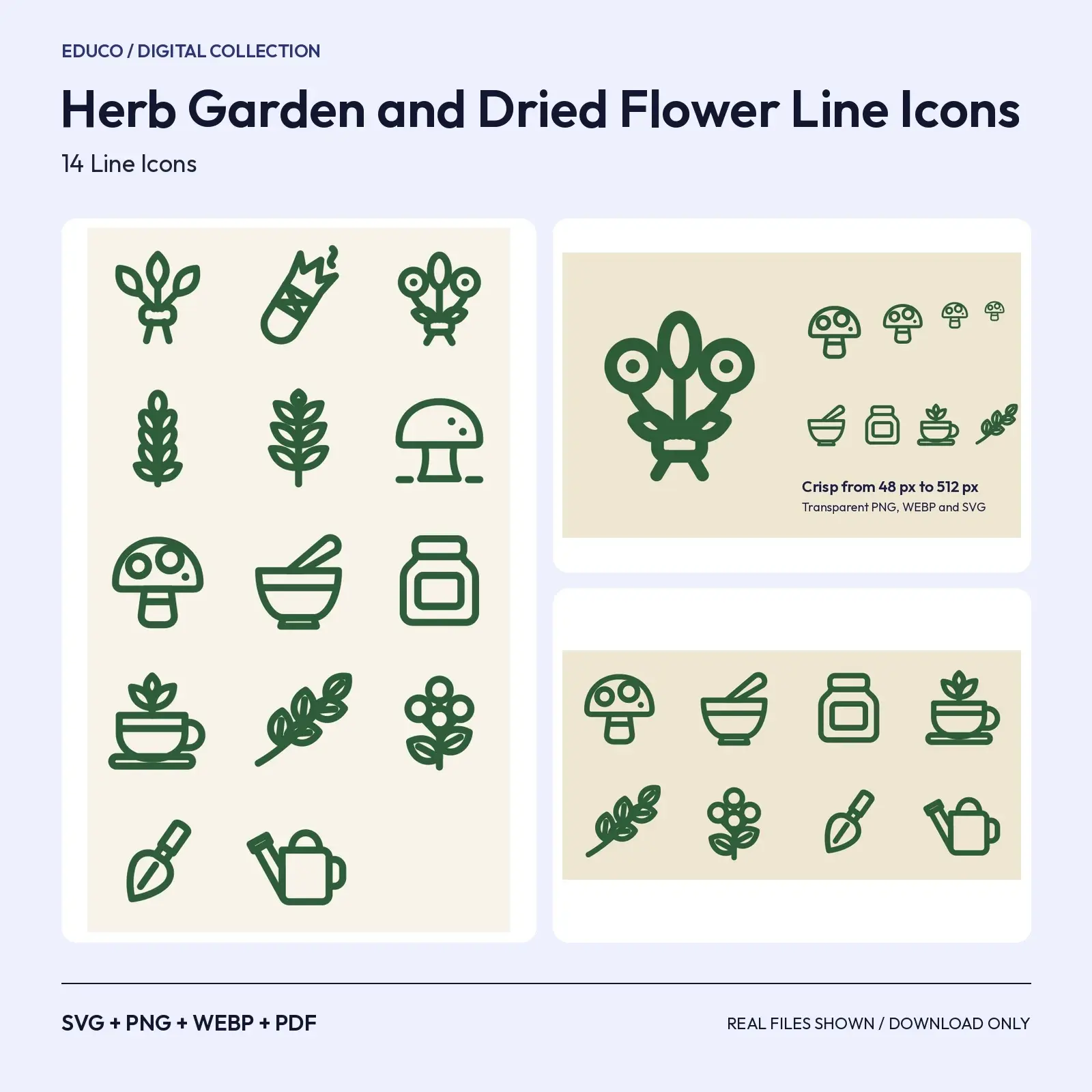 Herb Garden and Dried Flower Line Icons – 14 Botanical SVG Icons preview