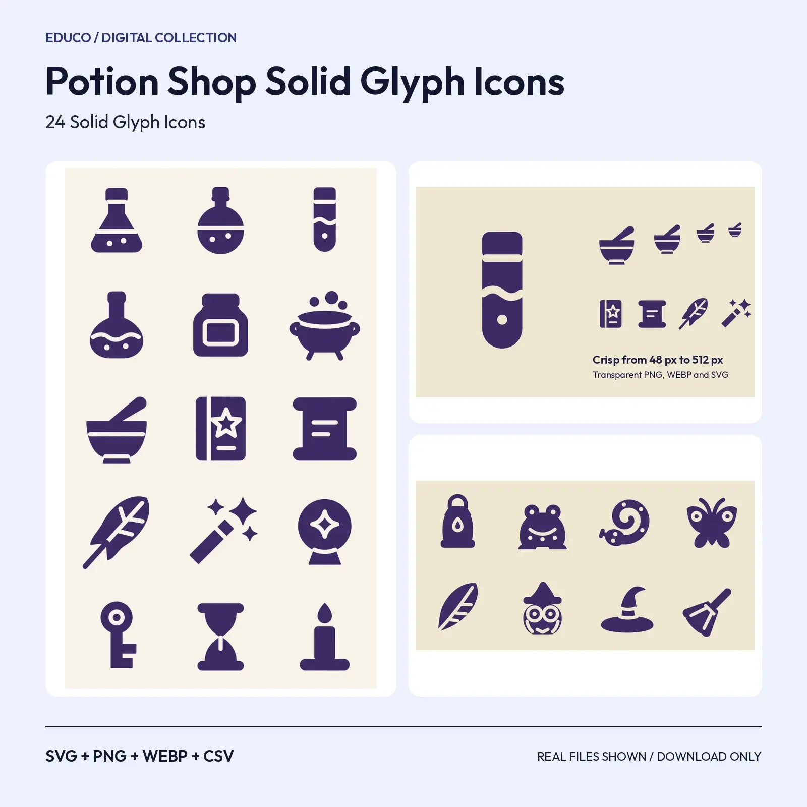 Potion Shop Solid Glyph Icons – 24 Bottle, Jar and Spell SVG Icons preview