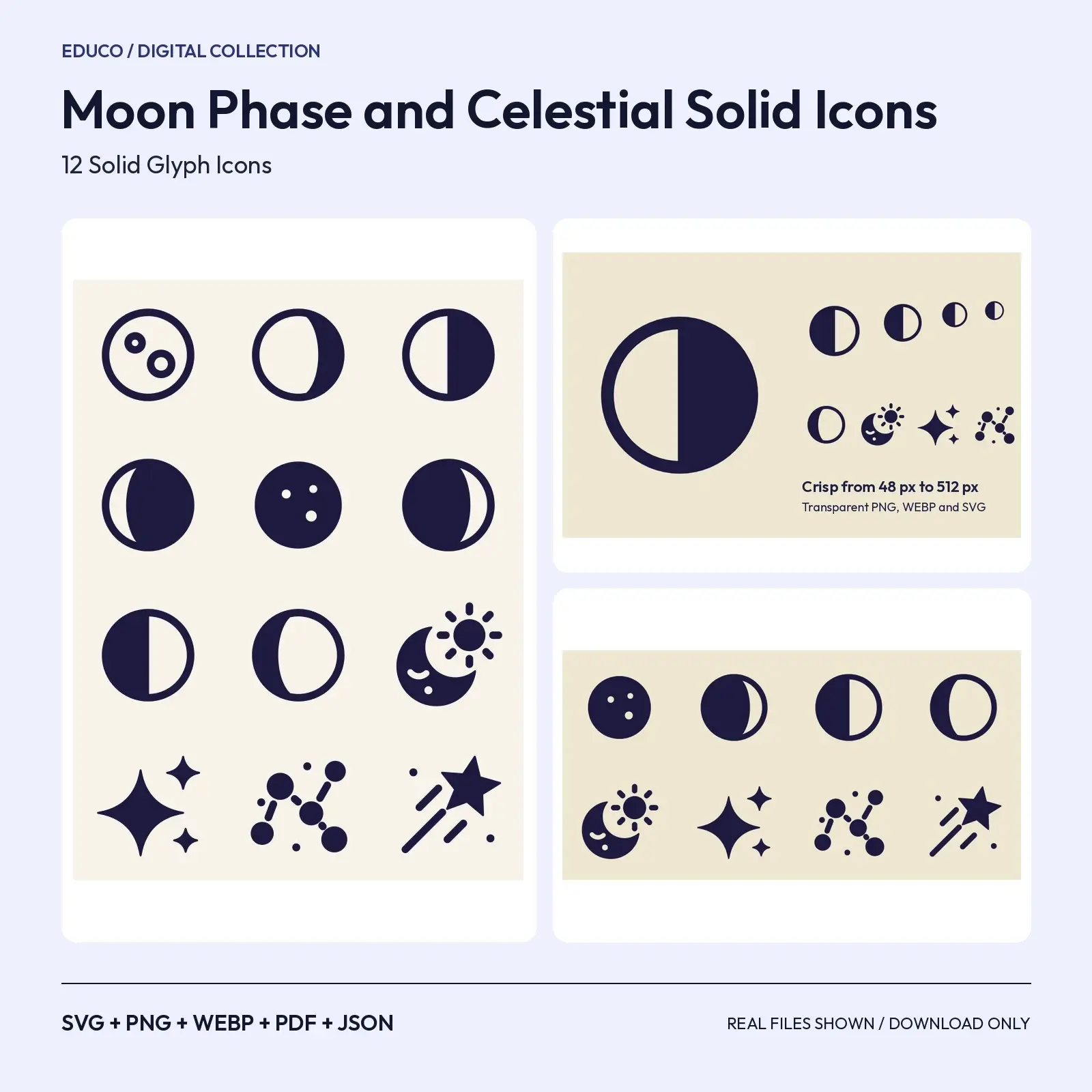 Moon Phase and Celestial Solid Icons – 12 Moon Cycle SVG and PNG Icons preview