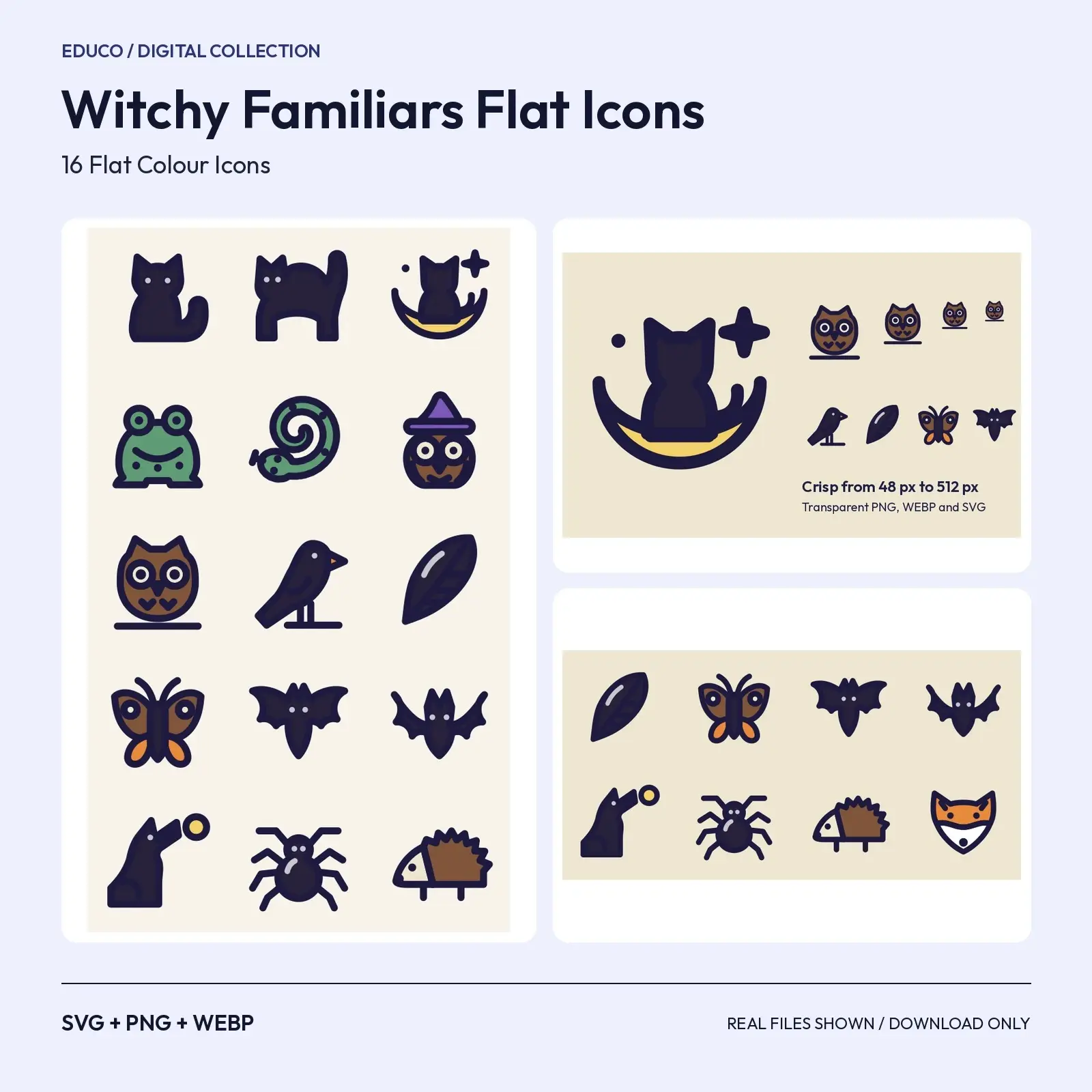 Witchy Familiars Flat Icons – 16 Cat, Toad, Owl and Raven SVG Icons preview