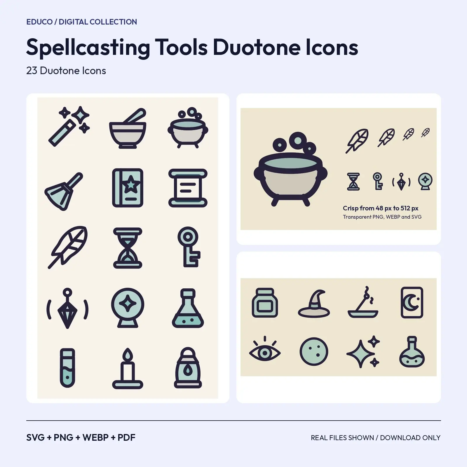 Spellcasting Tools Duotone Icons – 23 Wand, Cauldron and Quill SVG Icons, preview 1 of 3