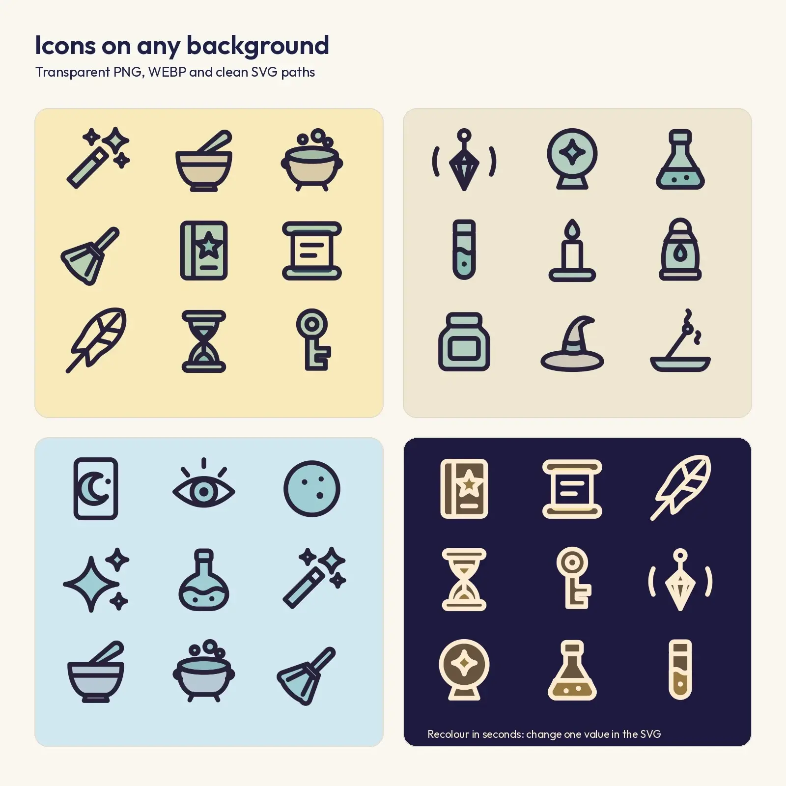Spellcasting Tools Duotone Icons – 23 Wand, Cauldron and Quill SVG Icons, preview 3 of 3