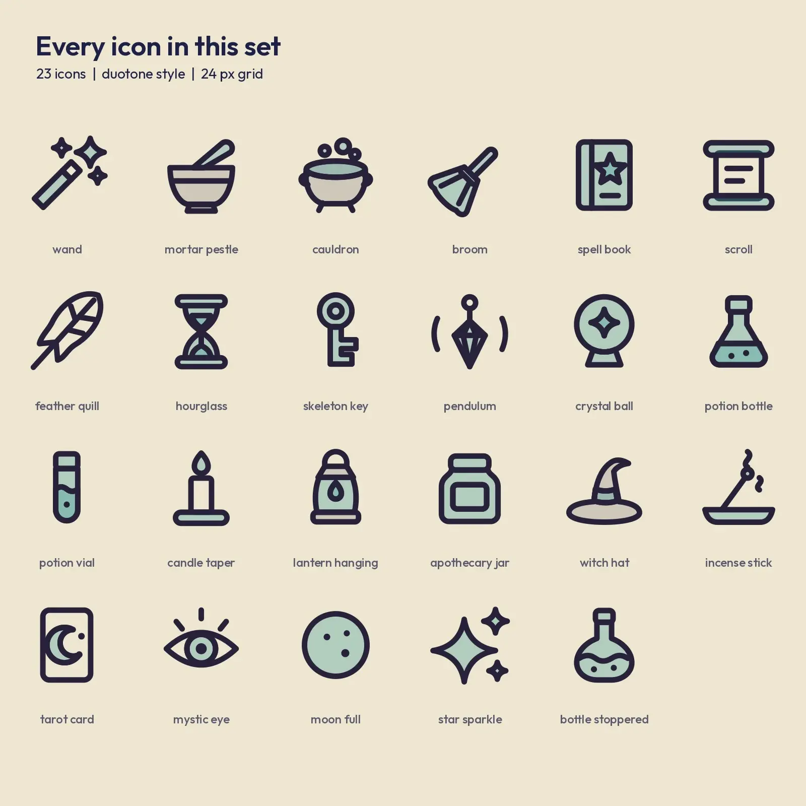 Spellcasting Tools Duotone Icons – 23 Wand, Cauldron and Quill SVG Icons, preview 2 of 3