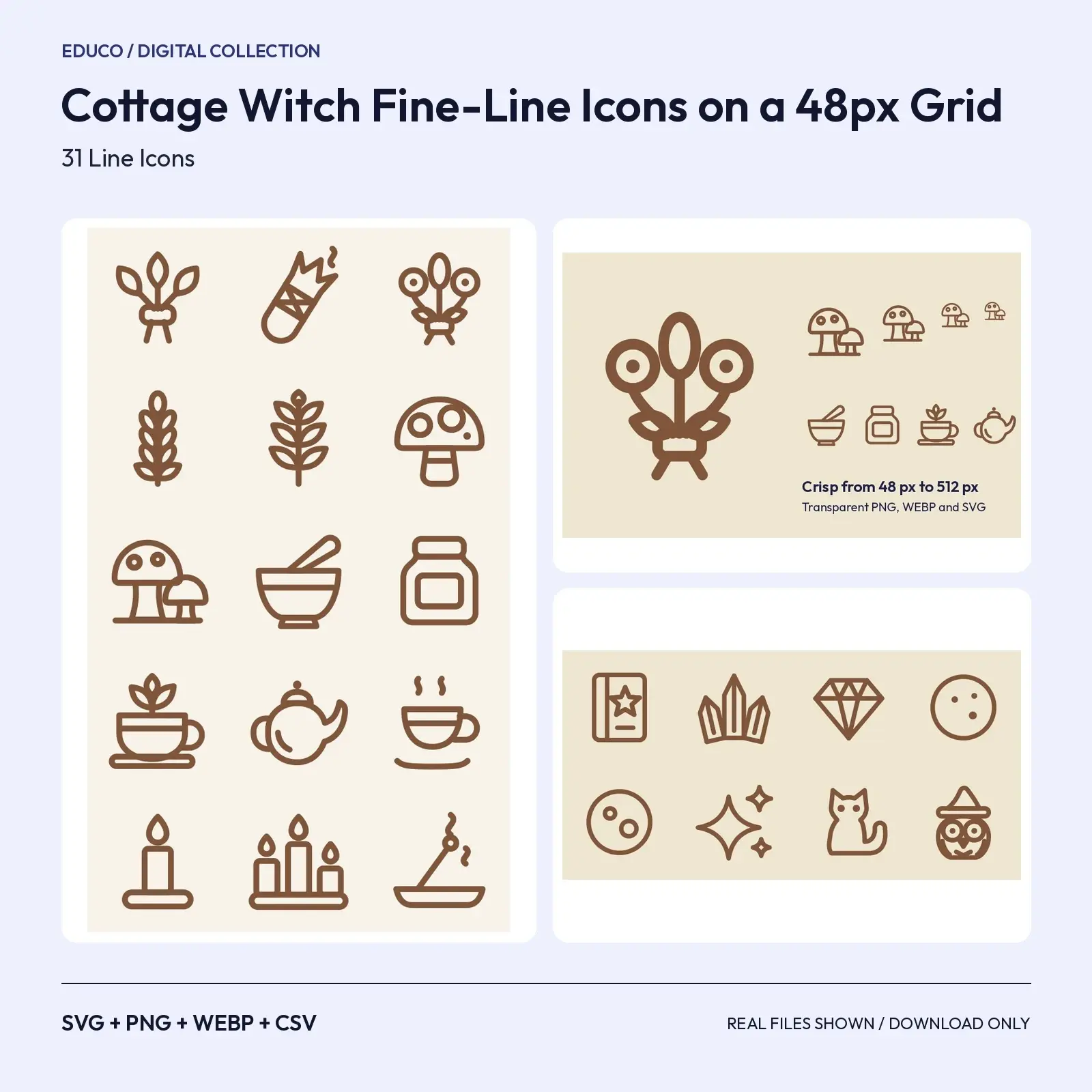 Cottage Witch Fine-Line Icons on a 48px Grid – 31 Herbal and Mystic SVG Icons preview