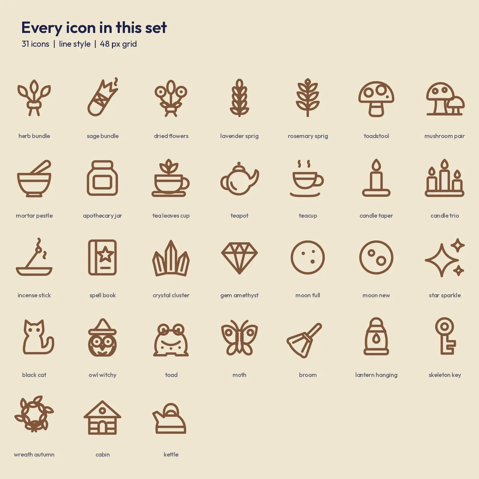Cottage Witch Fine-Line Icons on a 48px Grid – 31 Herbal and Mystic SVG Icons, preview 2 of 3