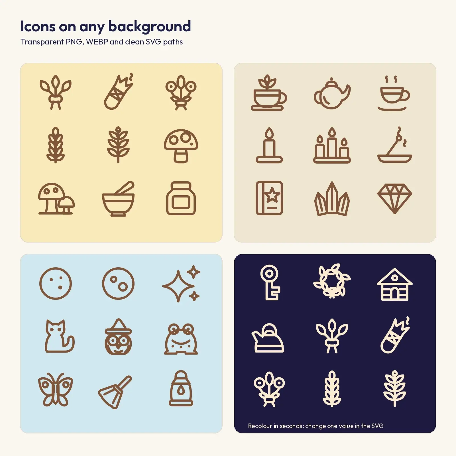 Cottage Witch Fine-Line Icons on a 48px Grid – 31 Herbal and Mystic SVG Icons, preview 3 of 3