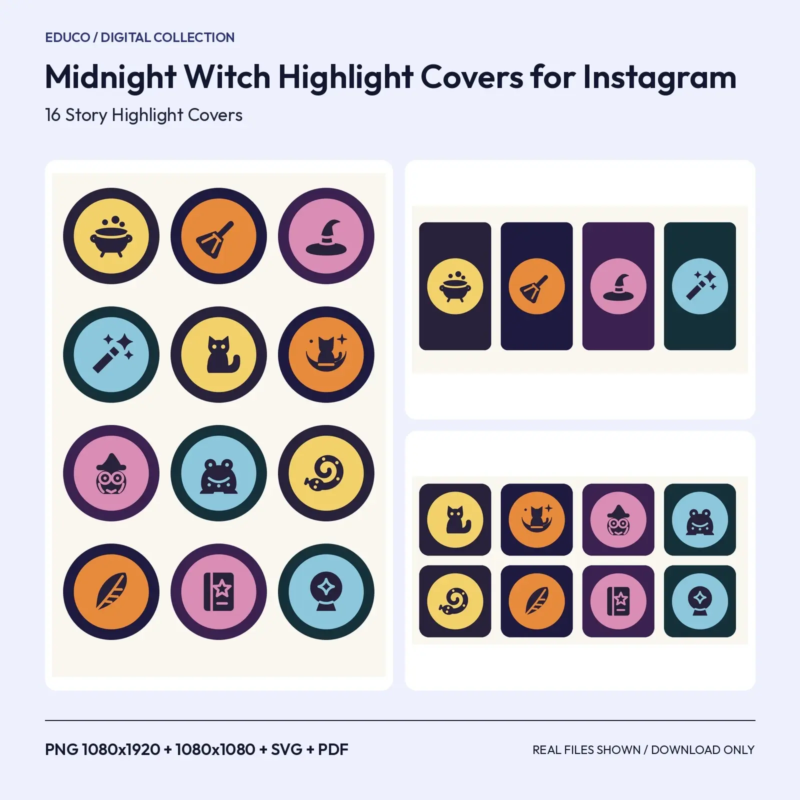 Midnight Witch Highlight Covers for Instagram – 16 Cauldron, Cat and Wand Icons preview