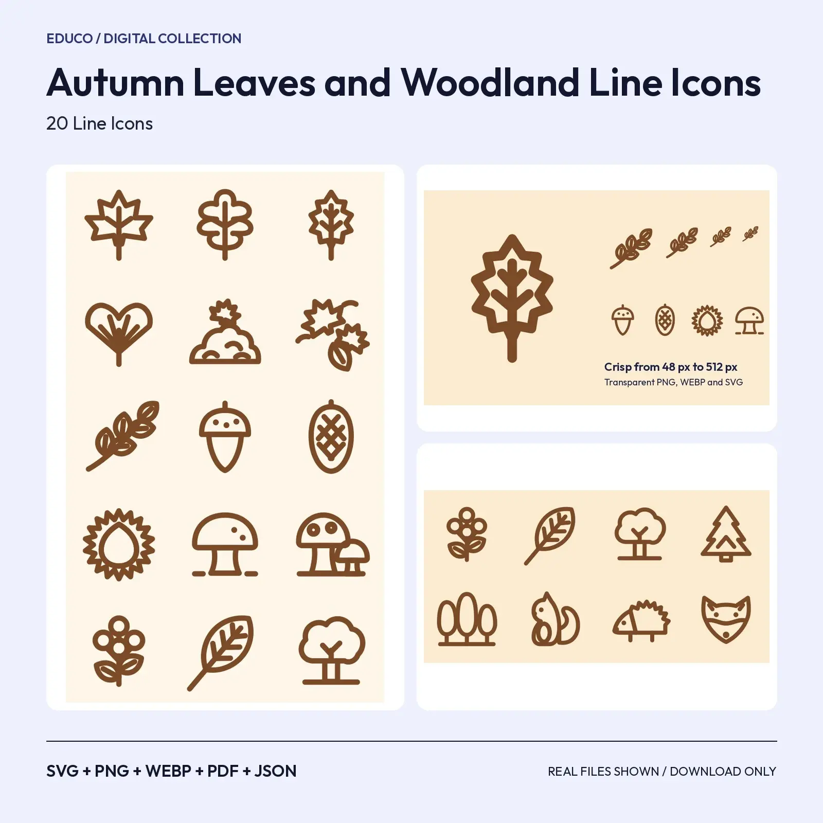 Autumn Leaves and Woodland Line Icons – 20 Leaf, Acorn and Mushroom SVG Icons preview