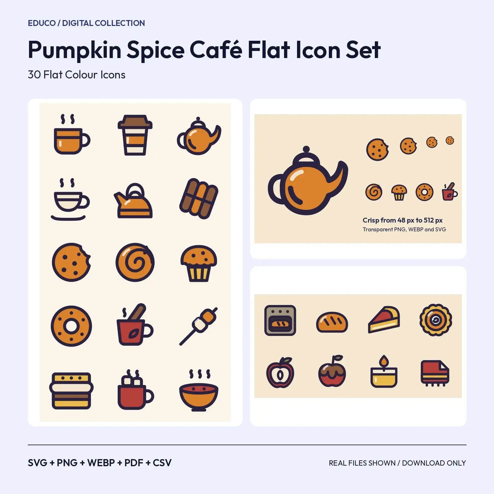 Pumpkin Spice Café Flat Icon Set – 30 Cozy Drink and Bakery SVG Icons preview