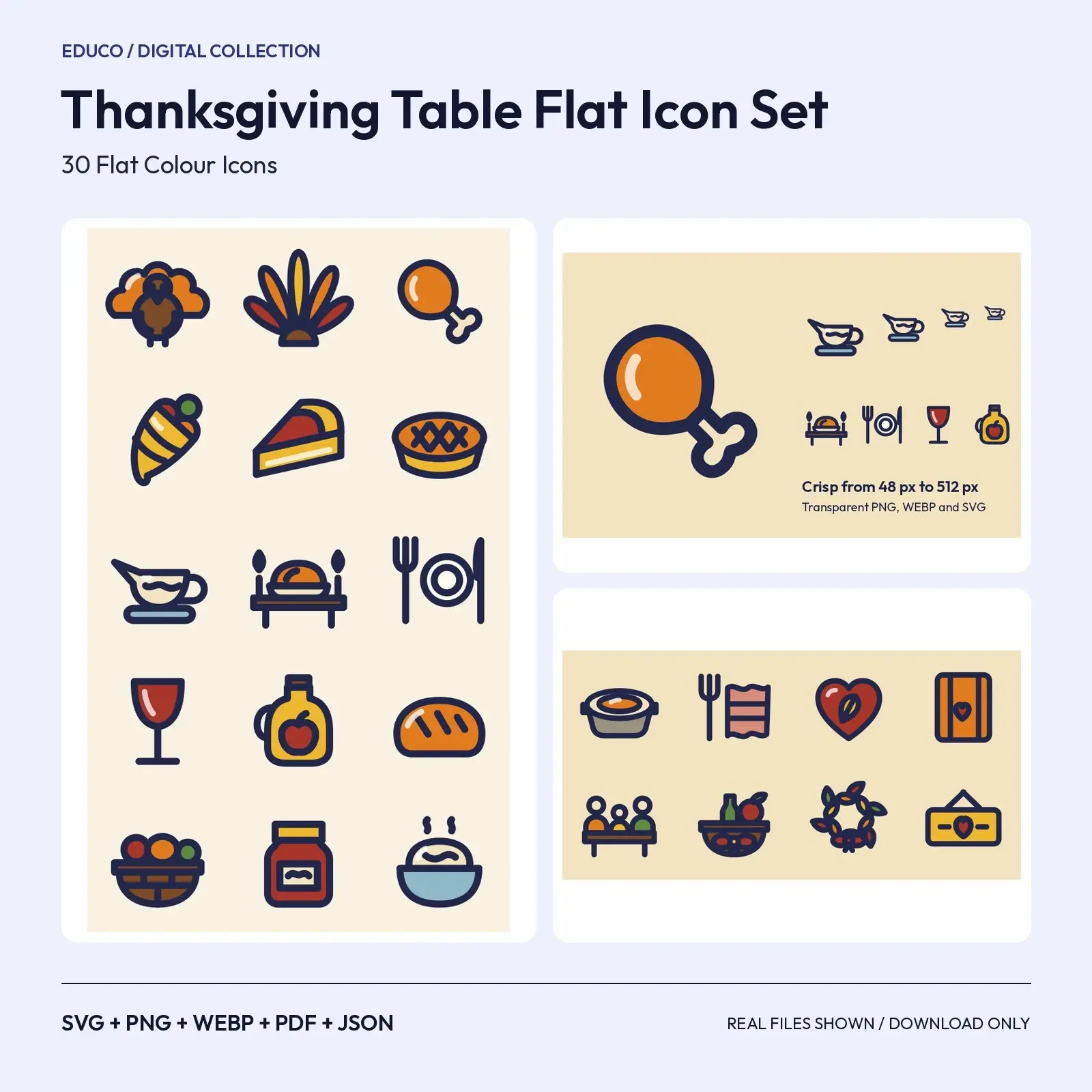 Thanksgiving Table Flat Icon Set – 30 Feast and Gratitude SVG and PNG Icons preview