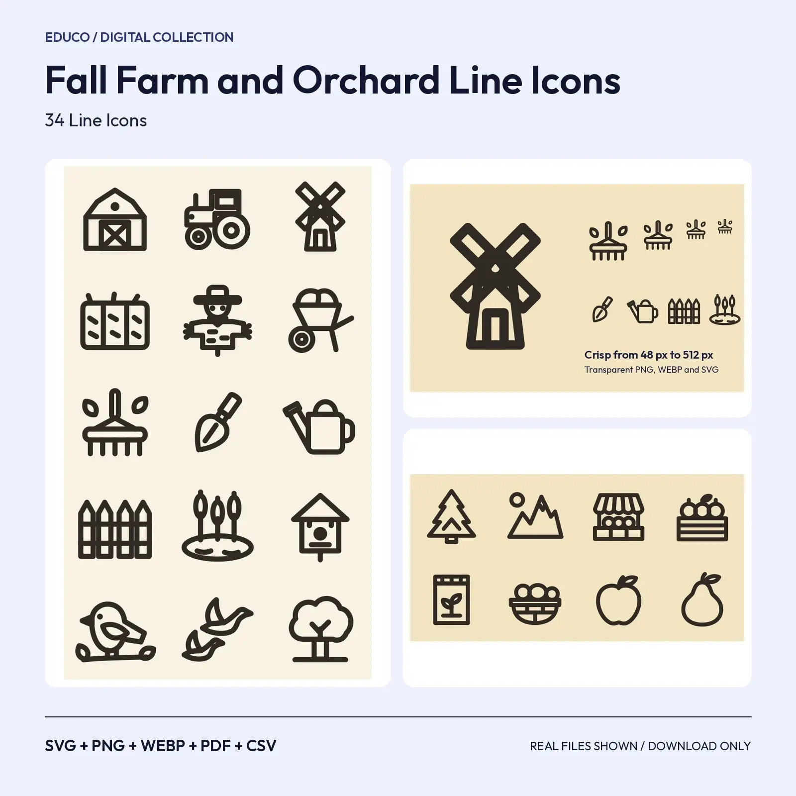 Fall Farm and Orchard Line Icons – 34 Barn, Tractor and Harvest SVG Icons preview
