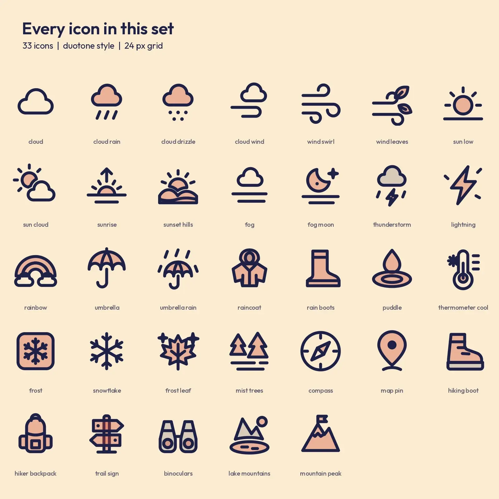 Autumn Weather and Outdoors Duotone Icons – 33 Rain, Wind and Trail SVG Icons, preview 2 of 3