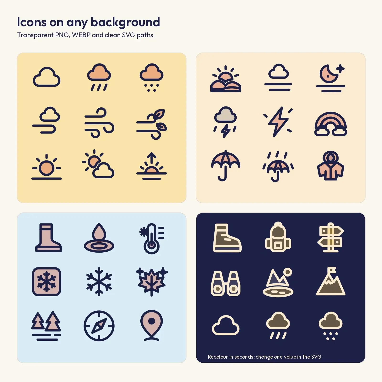 Autumn Weather and Outdoors Duotone Icons – 33 Rain, Wind and Trail SVG Icons, preview 3 of 3