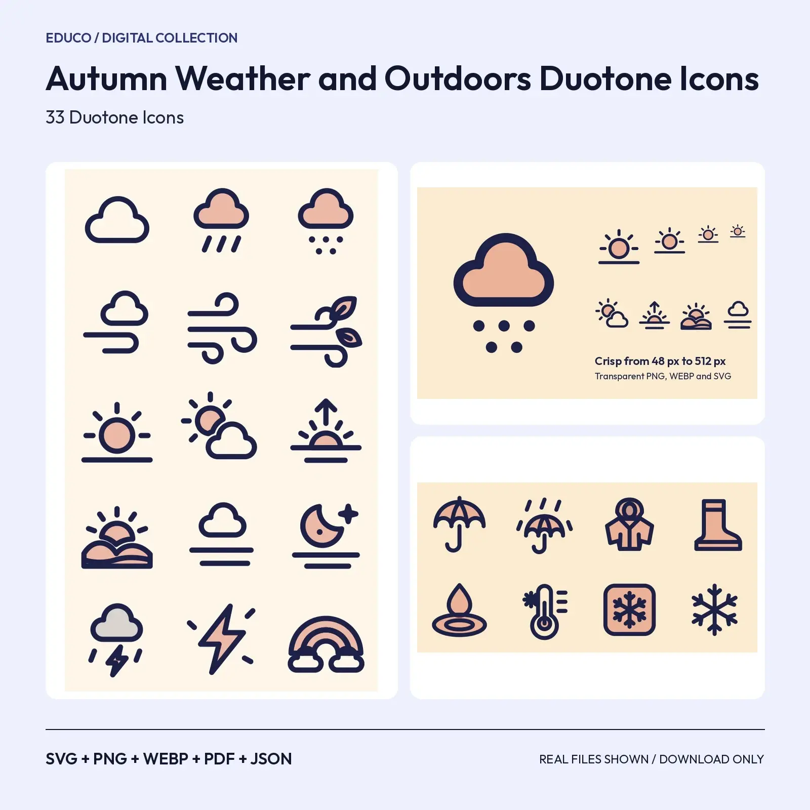 Autumn Weather and Outdoors Duotone Icons – 33 Rain, Wind and Trail SVG Icons, preview 1 of 3