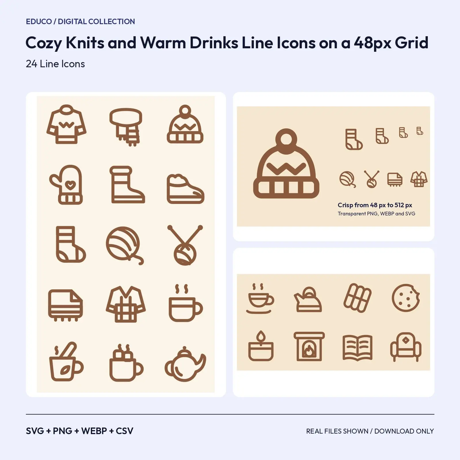 Cozy Knits and Warm Drinks Line Icons on a 48px Grid – 24 SVG Icons preview