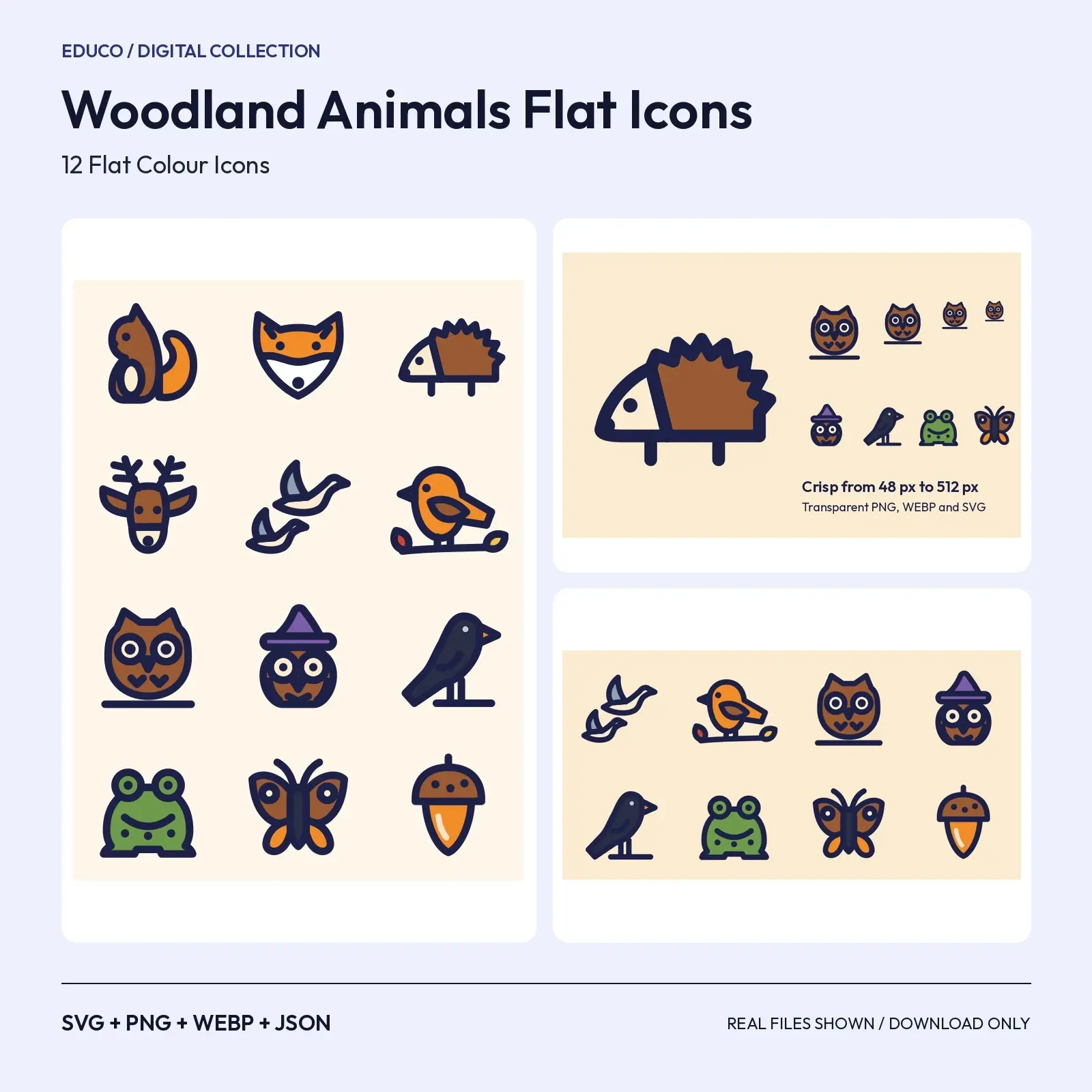 Woodland Animals Flat Icons – 12 Squirrel, Fox, Hedgehog and Deer SVG Icons, preview 1 of 3