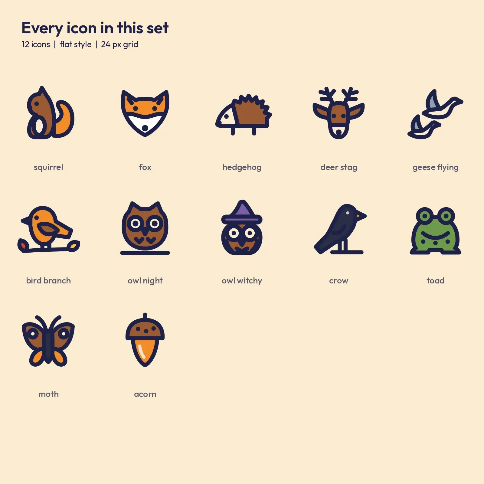 Woodland Animals Flat Icons – 12 Squirrel, Fox, Hedgehog and Deer SVG Icons, preview 2 of 3