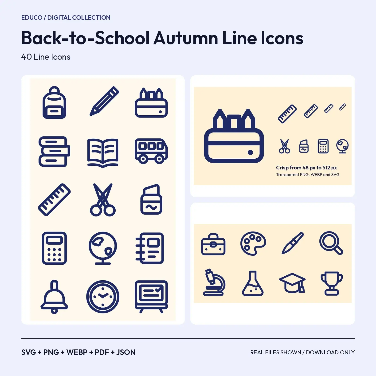 Back-to-School Autumn Line Icons – 40 Classroom SVG and PNG Icons, preview 1 of 3