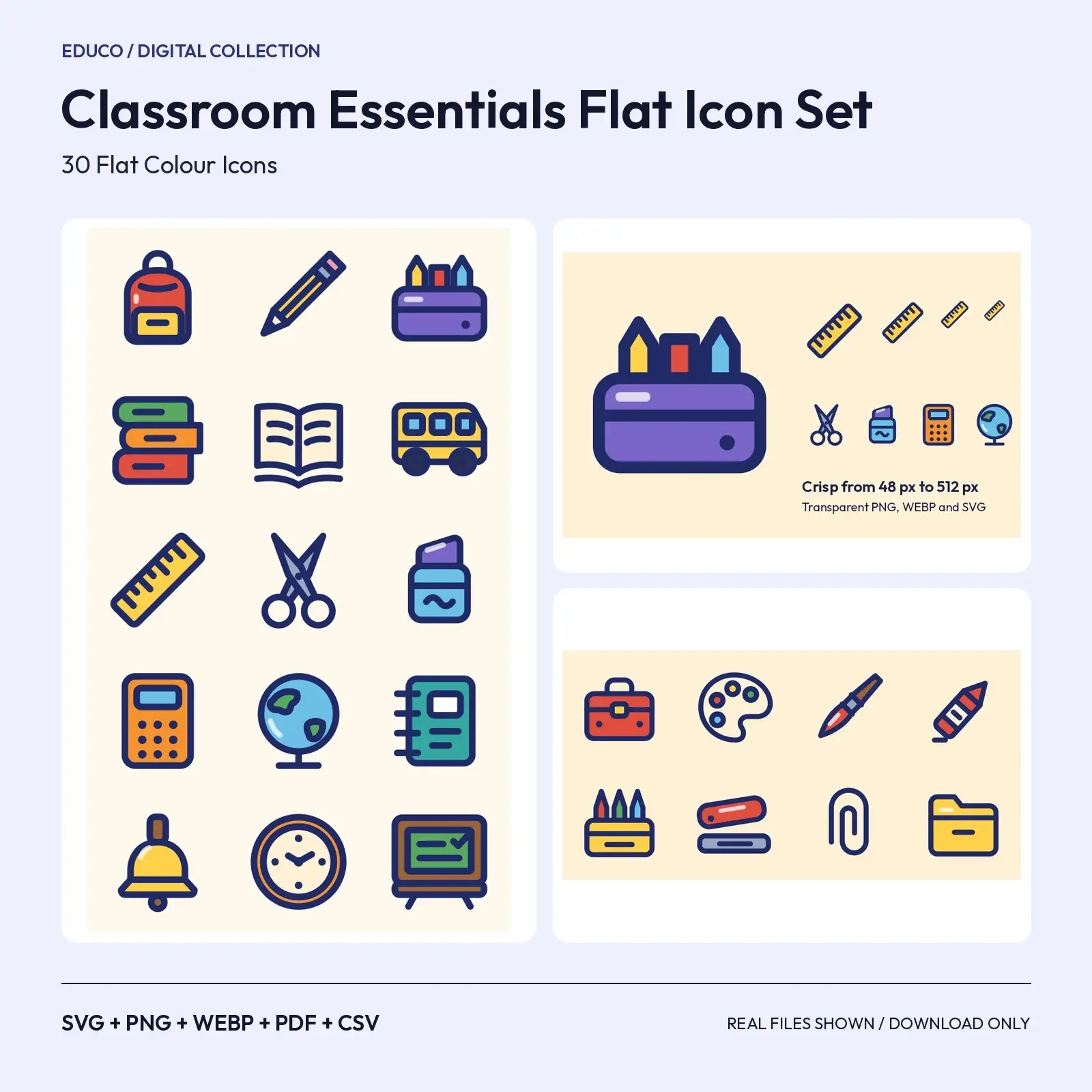 Classroom Essentials Flat Icon Set – 30 Teacher and Student SVG Icons preview