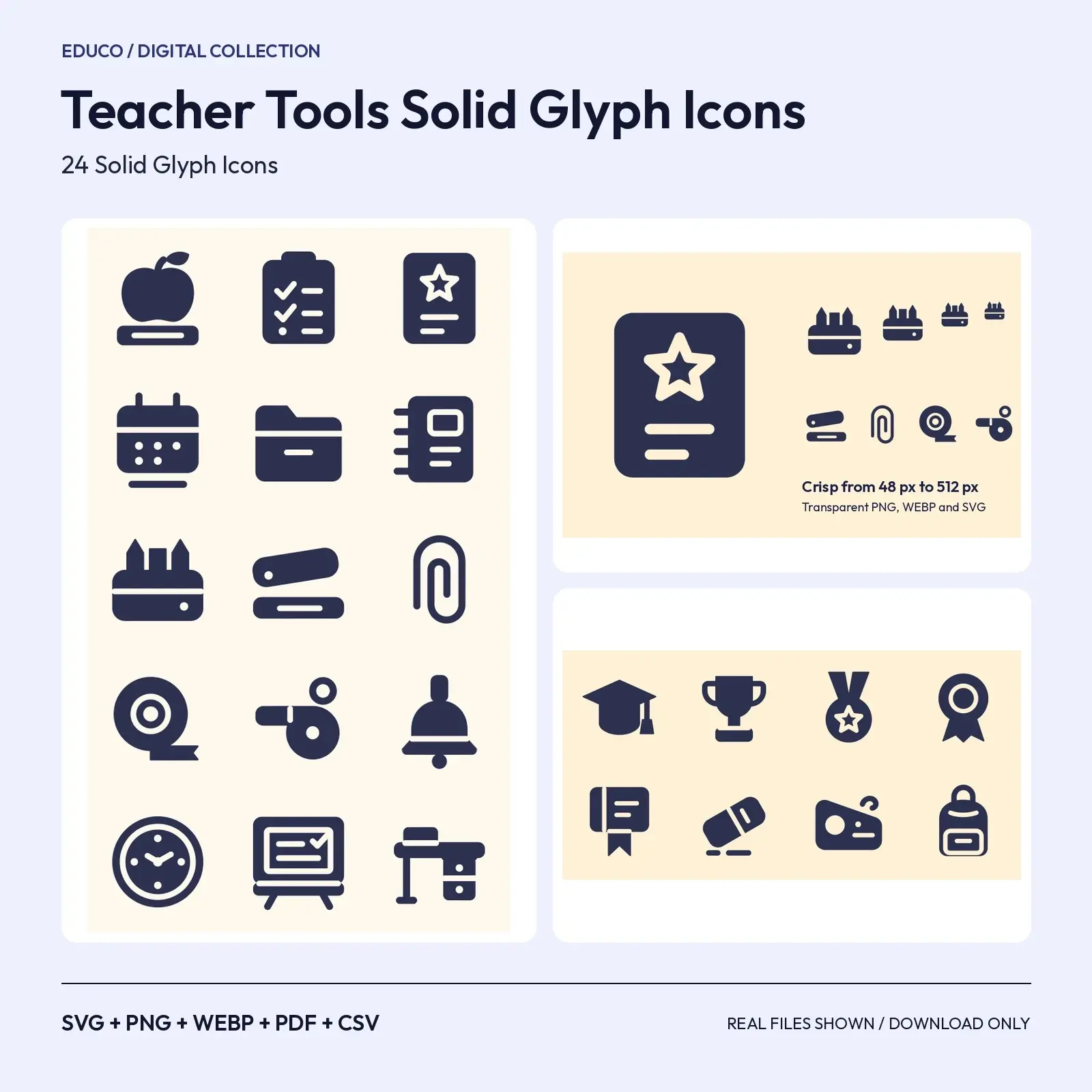 Teacher Tools Solid Glyph Icons – 24 Grading and Planning SVG Icons preview