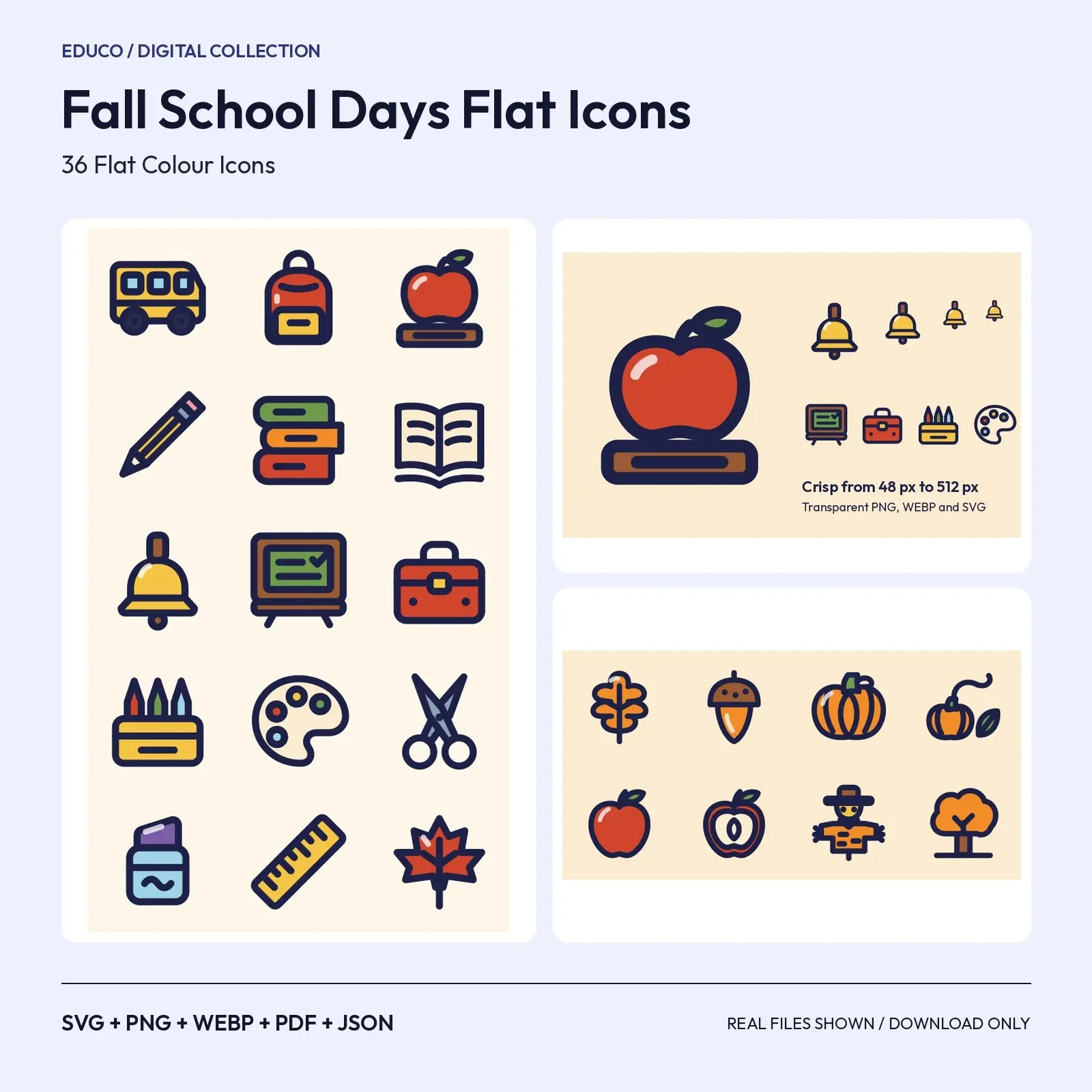 Fall School Days Flat Icons – 36 Autumn Classroom and Harvest SVG Icons preview
