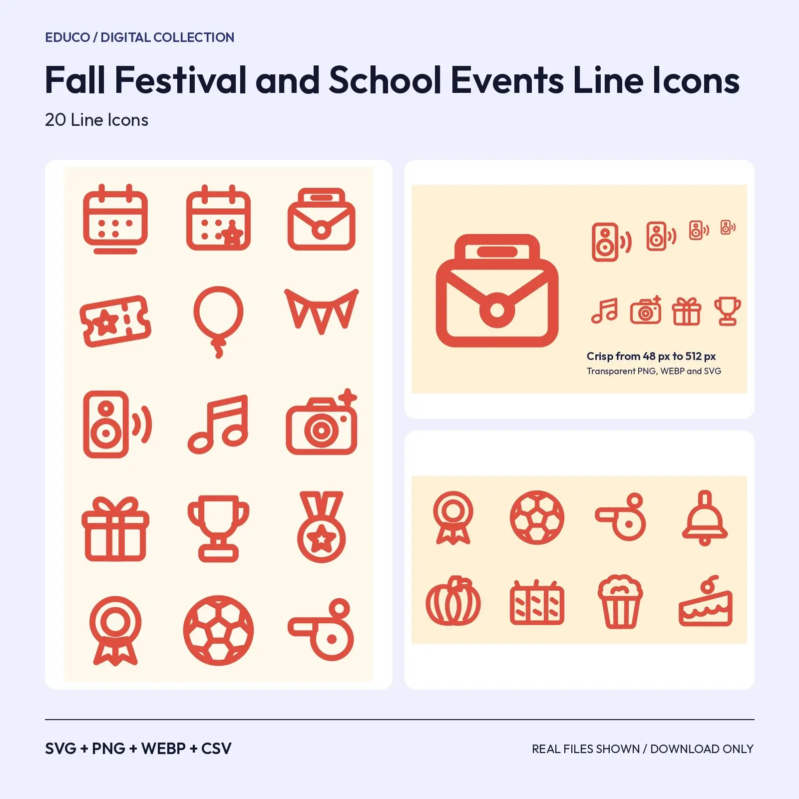 Fall Festival and School Events Line Icons – 20 Rounded SVG Icons preview
