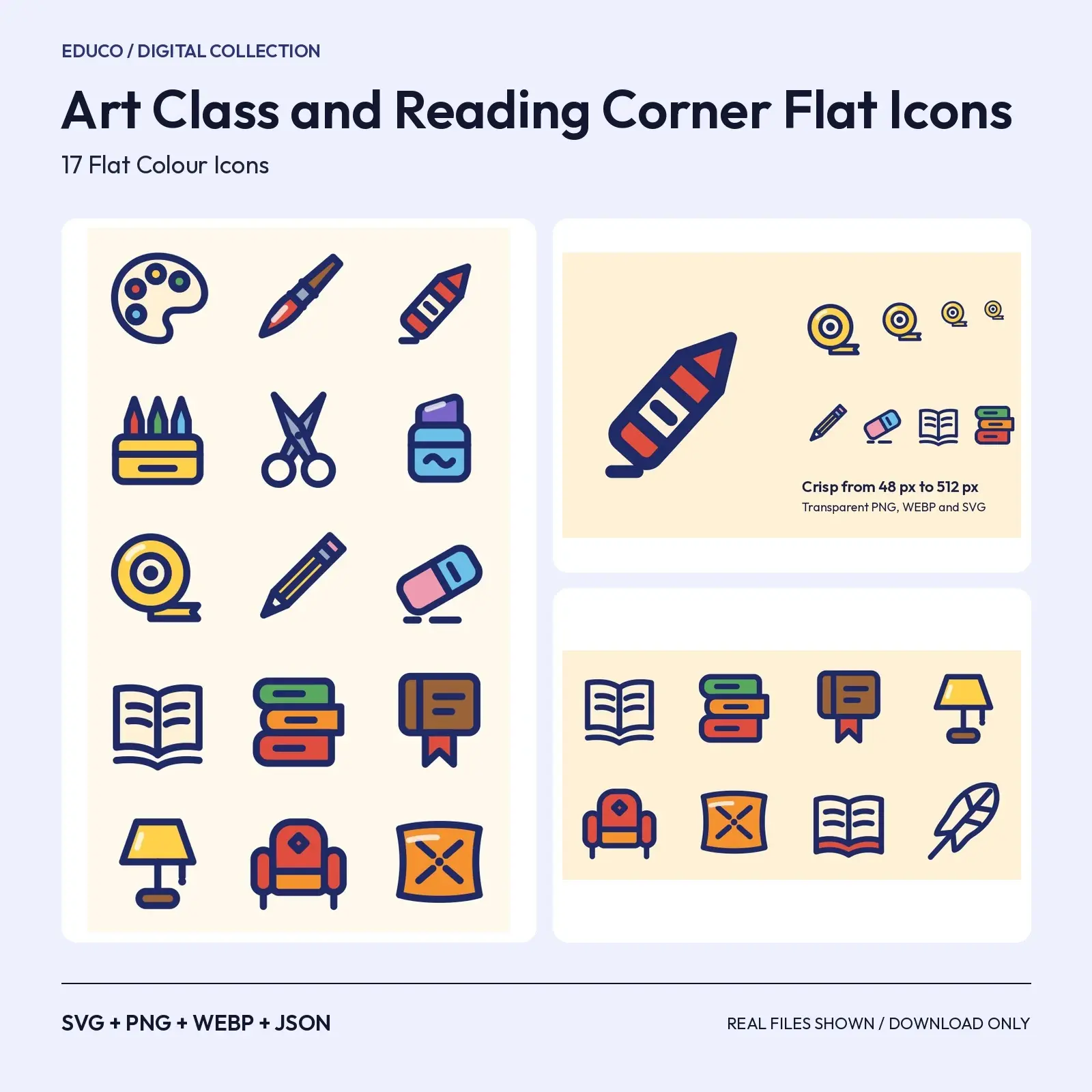 Art Class and Reading Corner Flat Icons – 17 Craft and Story SVG Icons preview