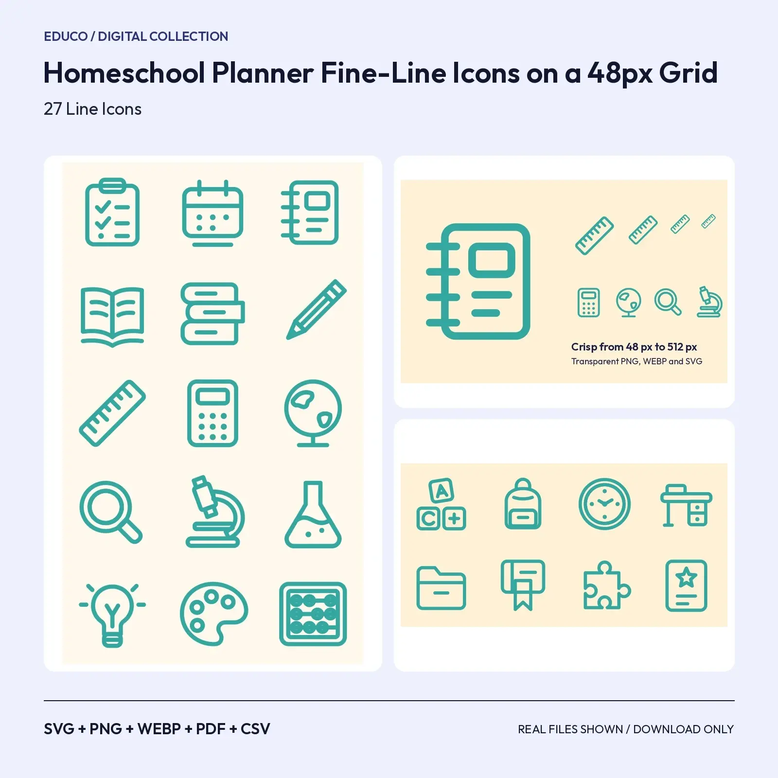 Homeschool Planner Fine-Line Icons on a 48px Grid – 27 SVG Icons preview