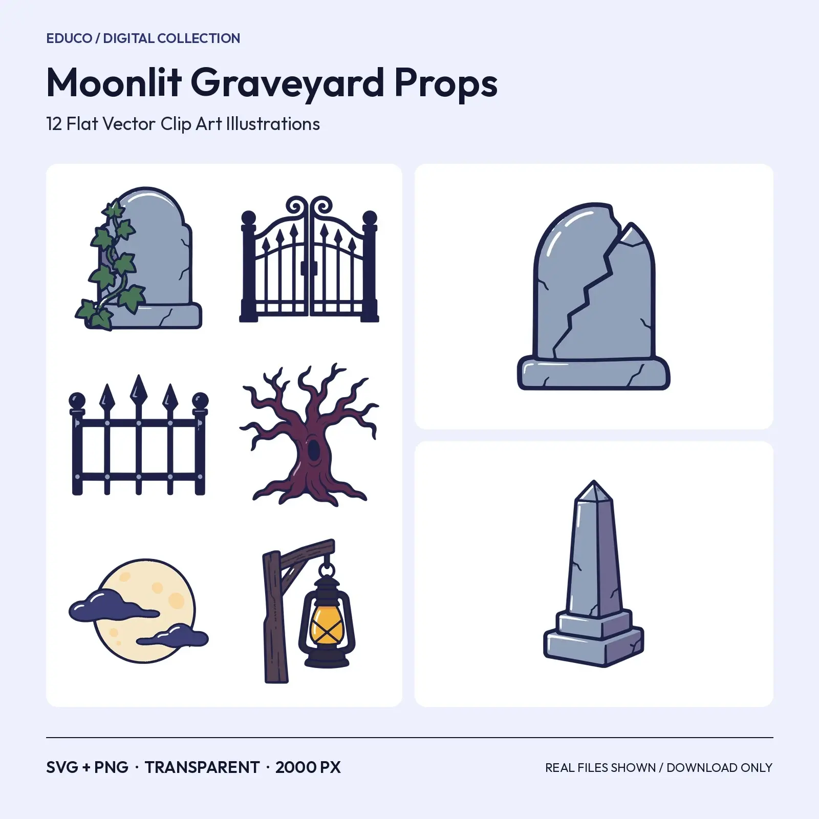 Moonlit Graveyard Props Clip Art – 12 Flat Vector Cemetery Illustrations, SVG + PNG preview