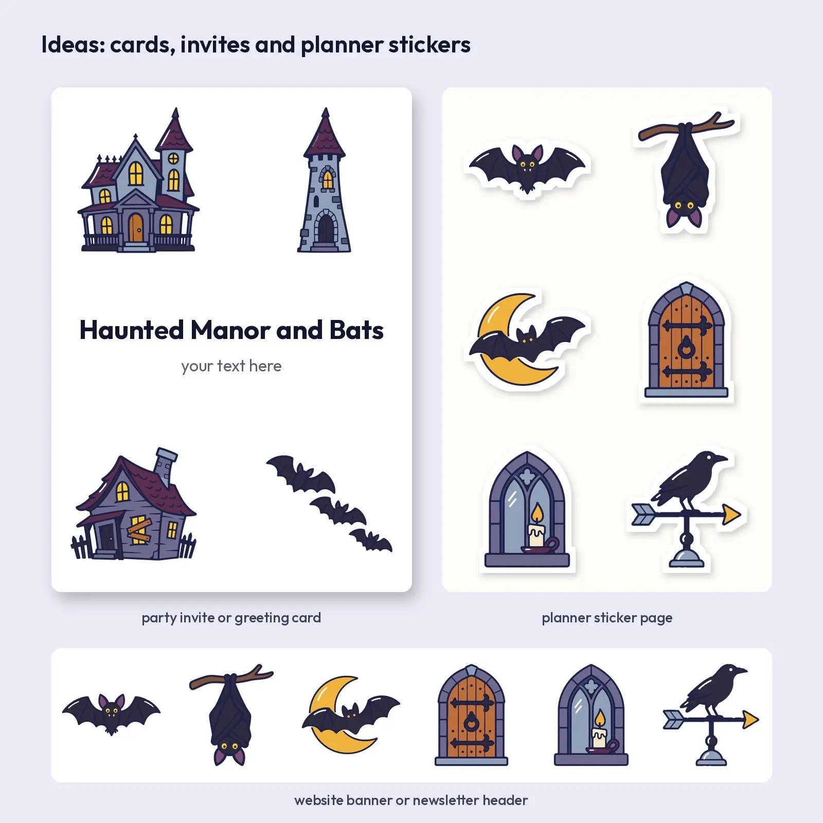 Haunted Manor and Bats Clip Art – 10 Flat Vector Spooky House Graphics, preview 4 of 4