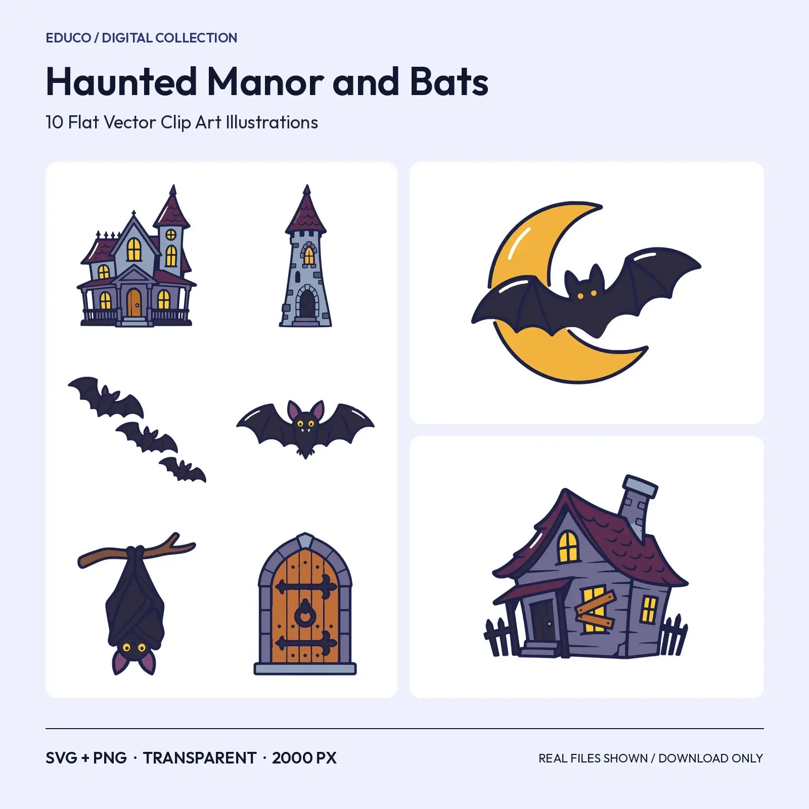 Haunted Manor and Bats Clip Art – 10 Flat Vector Spooky House Graphics, preview 1 of 4