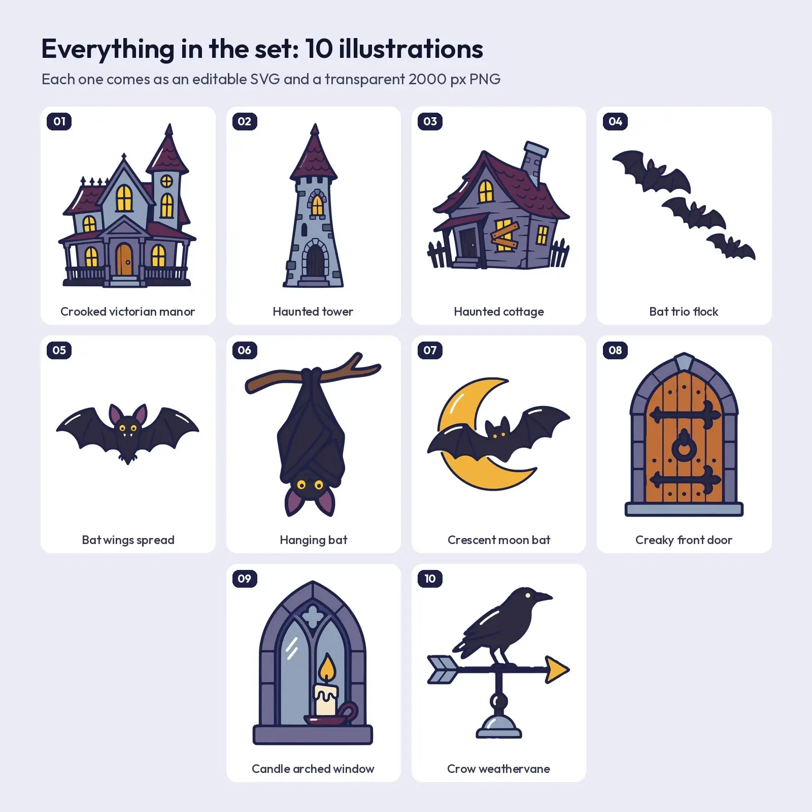 Haunted Manor and Bats Clip Art – 10 Flat Vector Spooky House Graphics, preview 2 of 4