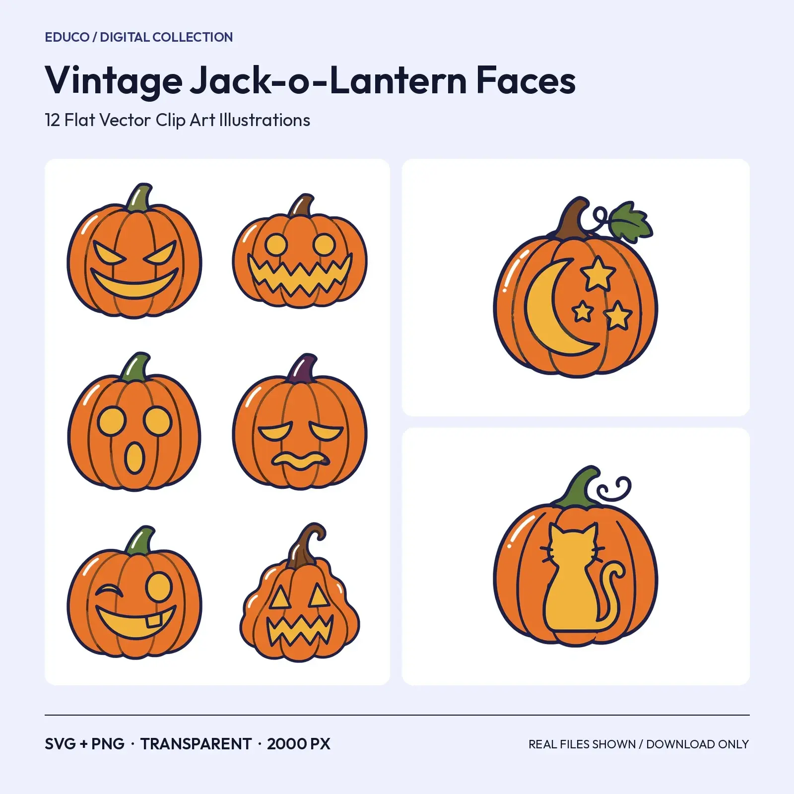 Vintage Jack-o'-Lantern Faces Clip Art – 12 Flat Vector Carved Pumpkins preview