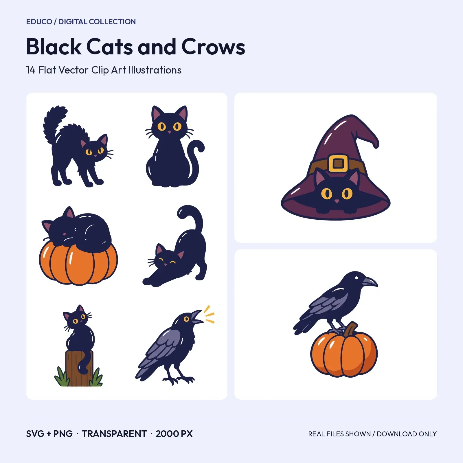Black Cats and Crows Clip Art – 14 Flat Vector Halloween Animals preview