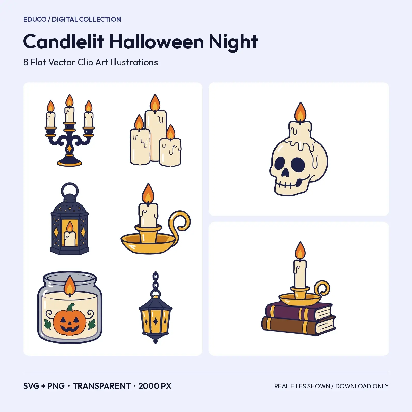 Candlelit Halloween Night Clip Art – 8 Flat Vector Candles and Lanterns preview