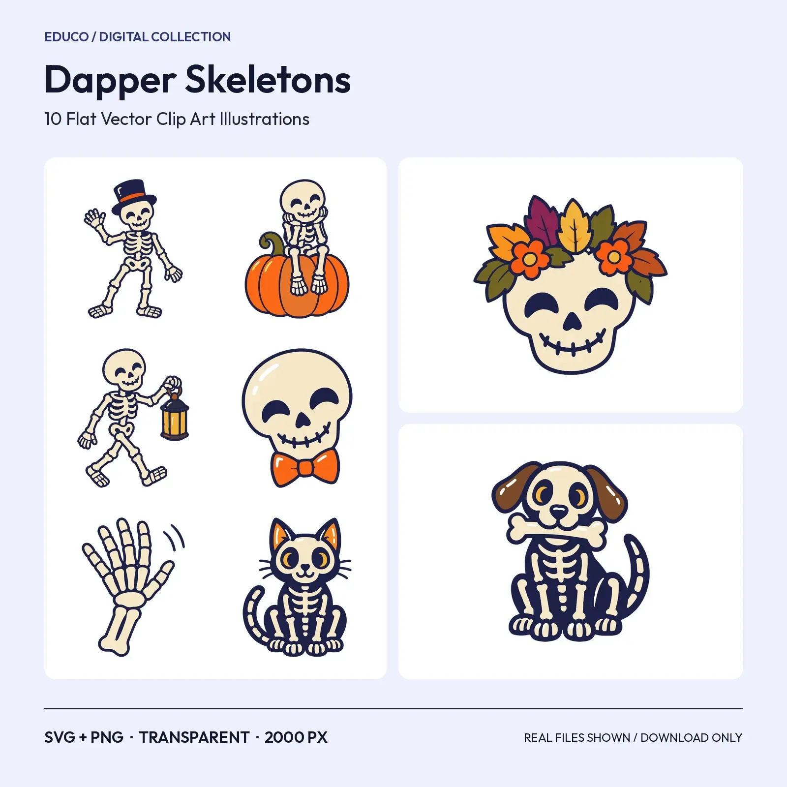 Dapper Skeleton Friends Clip Art – 10 Flat Vector Halloween Skeletons preview