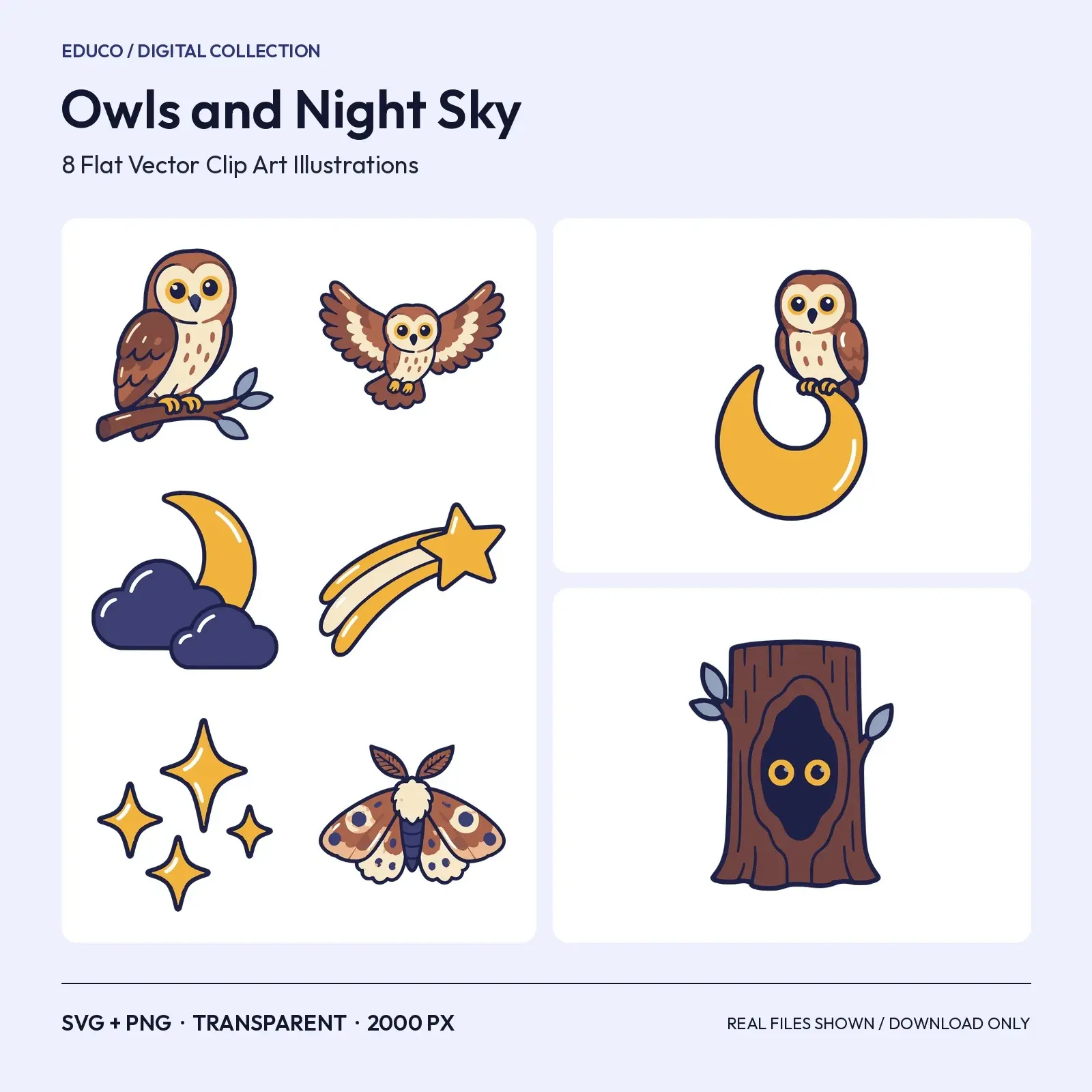 Night Owls and Starry Sky Clip Art – 8 Flat Vector Moonlit Elements preview